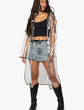 Womens Leopard Trim Longline Transparent Festival Mac - Size Small/medium - Boohoo - FashionsVida