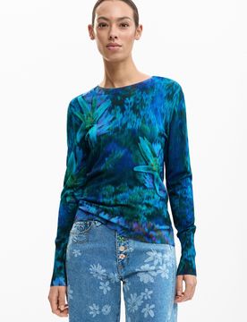 Jersey fino jardín flores, Mujer, Verde, XS