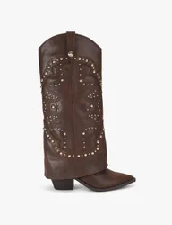 Leather Cowboy Studded Knee High Boots Brown female