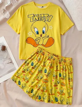 Conjunto de pijama casual para mujer de uso diario en casa con top de manga corta con cuello redondo y estampado de letras de dibujos animados y short - Shein - FashionsVida
