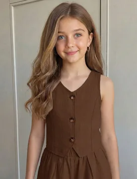 Conjunto de top con cuello en V y botones delanteros y shorts para niña preadolescente, estilo casual minimalista y cómodo, marrón, para verano y v - Shein - FashionsVida