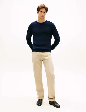 Maglione girocollo blu navy in cotone con logo ricamato sul petto - Tommy hilfiger - FashionsVida