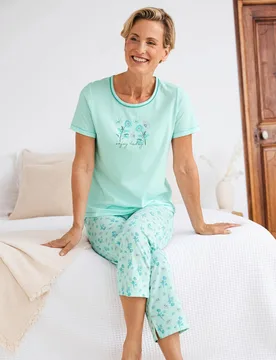 Baumwoll-Schlafanzug Pastellblüte - Mintgrün - female - Size: 50 - Avena - FashionsVida