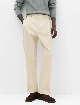 Cotton Rich Relaxed Pleat Front Trousers Light Buff male - M&S - FashionsVida