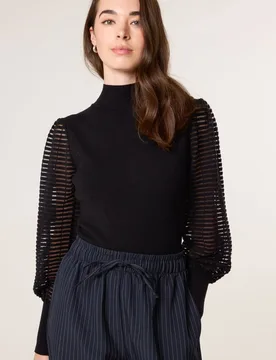 Women's Black Semi-Sheer Mesh Panel Long Sleeve Jumper Size: Small - Black - Size: S - Blue Vanilla - FashionsVida