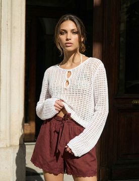 Shorts in cotone a vita alta con ricamo - marrone