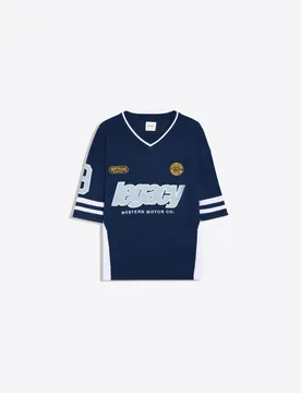 T-Shirt Imprimé Col En V L Marine - Bershka - FashionsVida