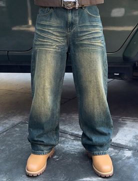 Jeans rectos anchos de pierna suelta con lavado vintage para hombres, pantalones vaqueros de estilo retro estadounidense Y2K, regalo adecuado para nov