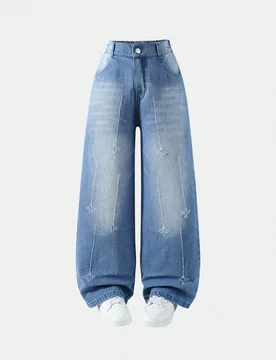 Pieza Jeans vaqueros rectos de ajuste holgado y desgastados en estilo vintage para niñas, color azul claro, para verano - Shein - FashionsVida