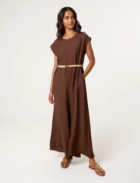 Womens Plain Belted Jumpsuit - Chocolate Cotton - One Size - Blue Vanilla - FashionsVida