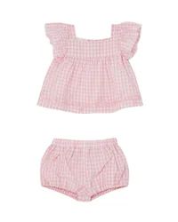 Completo in cotone a fantasia vichy rosa e bianca composto da abito e coulotte