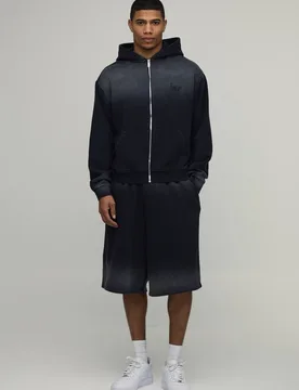 Men's Oversized Boxy Ombre Wash M Star Zip Through Hooded Jort Tracksuit Black Size X-Large Black XL - boohooMAN - FashionsVida