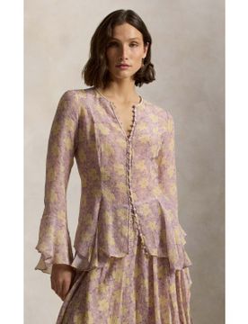 Para mujer. 211A96164002 Top con flores arrugado con botones (30), Casual, Manga larga, Lyocell