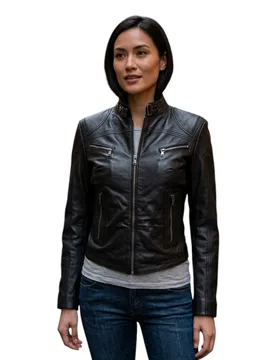 Womens Genuine Leather Biker Jacket - Slim Fit Moto Style Coat In Black - Size 12 Regular - Woodland Leathers - FashionsVida