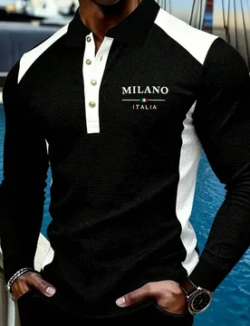 Camisa polo de manga larga de punto de gofre fina para hombre, nueva versión mejorada de otoño y Navidad, con estampado de letras Milano, diseño de - Shein - FashionsVida
