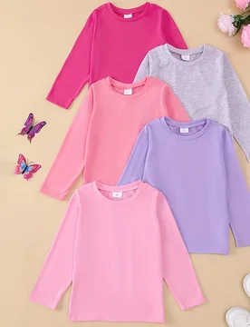 Juego de 5 piezas de camiseta de manga larga y pantalones de tela de punto suave y ligera de unicolor para niñas jóvenes, otoño e invierno - Shein - FashionsVida