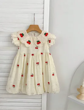 Vestido de niña con estampado floral de cerezas, vestido de princesa con mangas de campana, estilo dulce para el verano - Shein - FashionsVida