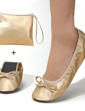 Bailarinas de mujer versátiles y casuales con lazo dorado y banda elástica, zapatos de baile de suela blanda para ballet de interior, zapatos elegan - Shein - FashionsVida