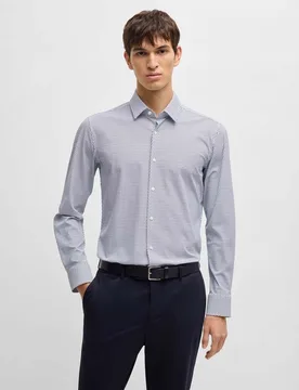 Camicia Hank slim-fit bianca a fantasia cerchietto blu in tessuto tecnico stretch con colletto Kent - BOSS - FashionsVida