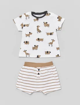 Completino in cotone composto da t-shirt con fantasia cagnolini e pantaloncini a righe avorio e cammello 4-12 mesi - Mayoral - FashionsVida