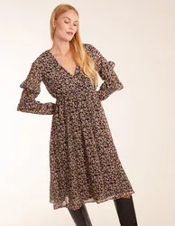 V Neck Frill Sleeve Wrap Midi Dress - 8 / Animal - female