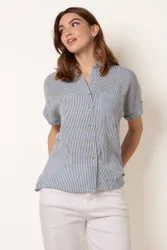 Women's Navy Stripe Button Front Shirt Size: Medium - Navy - Size: M