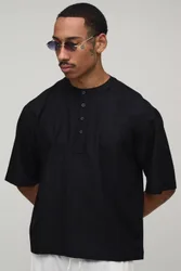 Herren Übergroß Geschnittenes Kastenförmiges Leinen-Mix Kurzarmhemd Mit Henley-Ausschnitt Black Größe Medium