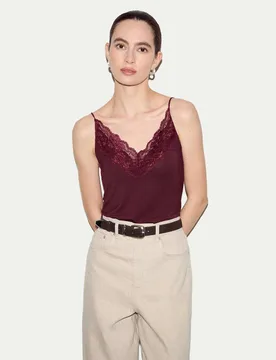 Modal Rich V-Neck Lace Trim Cami Top Burgundy female - Jigsaw - FashionsVida