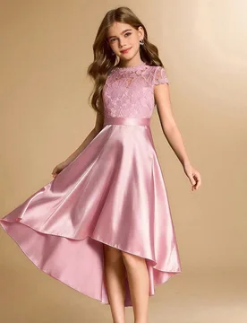 Vestido midi con dobladillo asimétrico de parches de encaje y satén, vestido de gala de alta gama para adolescentes, adecuado para bodas, bailes de - Shein - FashionsVida