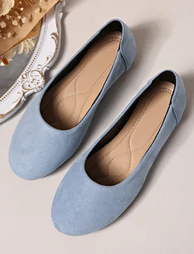 Zapatos planos de mujer de punta redonda azul claro clásico, ajuste extra ancho, material de tela suave para mayor comodidad - Shein - FashionsVida