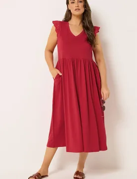 Women's Broderie Sleeve Maxi Dress in Red Size: 22-24 - Red - Size: 22-24 - Yours - FashionsVida