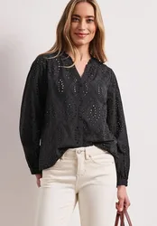 Bluse mit Split Neck und Shiffley-Muster female Schwarz