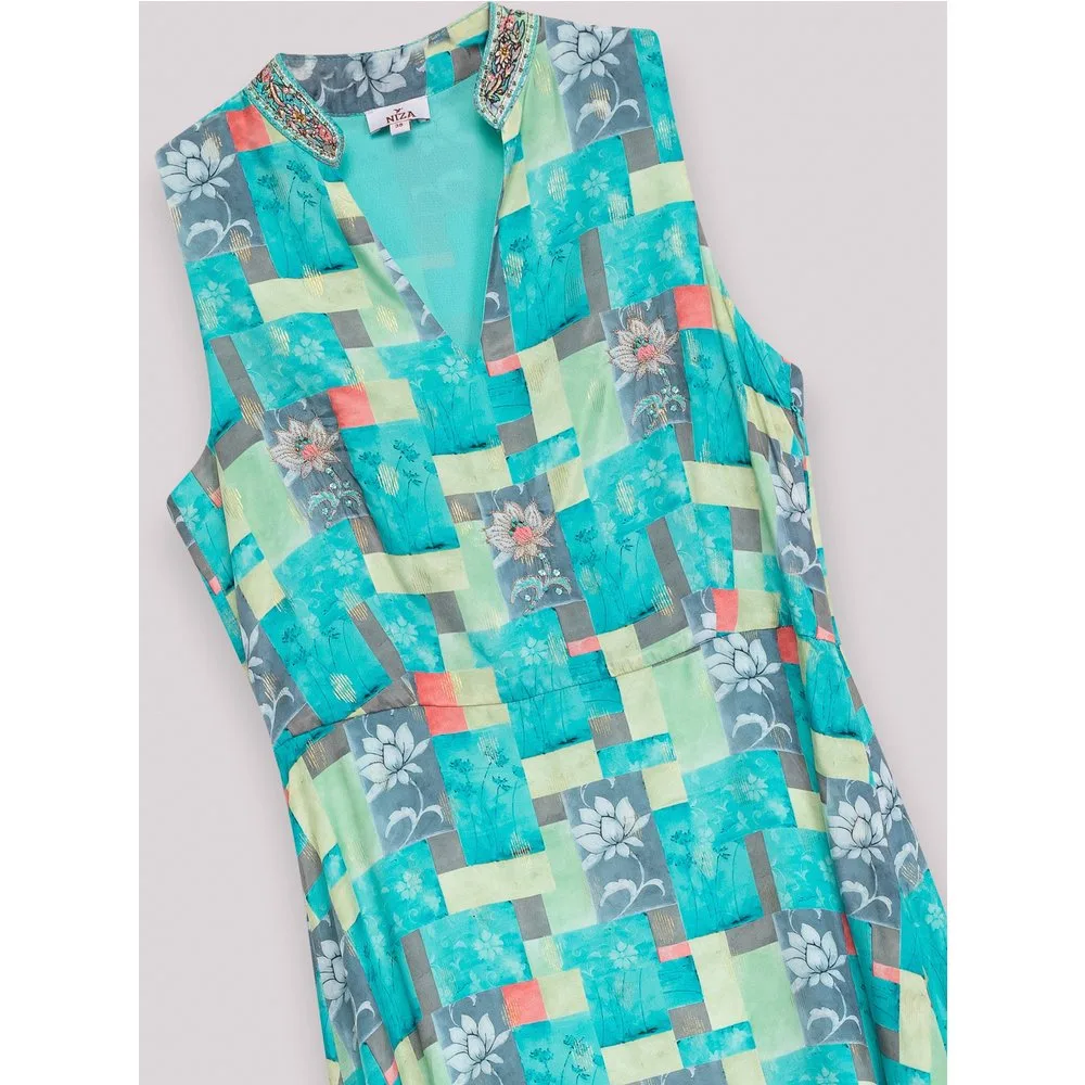 Vestido largo estampado geométrico sin mangas y corte evasé - Niza - FashionsVida