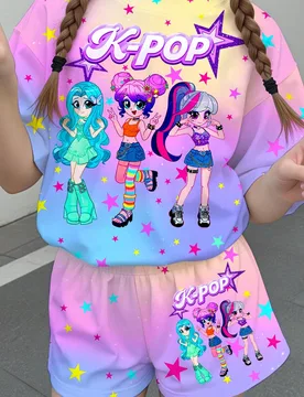 Conjunto de 2 piezas de camiseta de manga corta y pantalones cortos con estampado de grupo de chicas de dibujos animados casual, superestrellas de K-P - Shein - FashionsVida