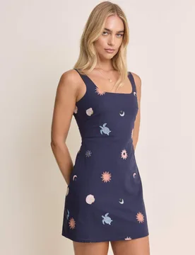 Linen Blend Embroidered Mini Shift Dress Blue female - Nobody's Child - FashionsVida