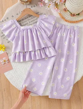 Set de 2 piezas: Blusa con cuello cuadrado y mangas abullonadas con estampado floral de margaritas + Pantalones anchos elegantes y casuales para niña - Shein - FashionsVida