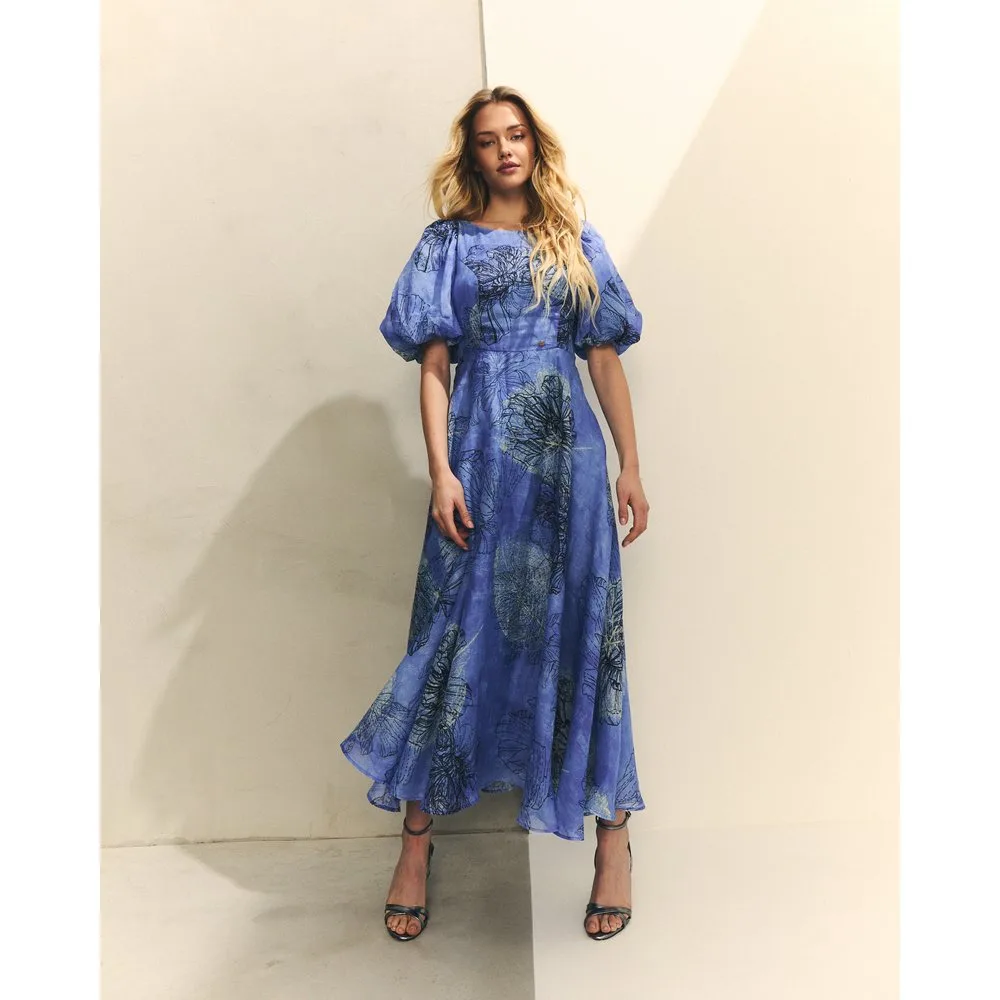 Vestido midi con mangas abullonadas con estampado floral - Hannibal Laguna Collection - FashionsVida
