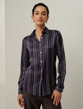 Uomo Camicia Regolare Seta Elegante Righe Amethyst XL