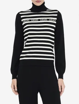 Maglia Liu Jo Sport nera a righe in viscosa con logo in rilievo - Liujo - FashionsVida
