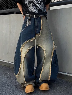 Pieza Jeans de pierna ancha para hombres con dobladillo deshilachado estilo patchwork americano, pantalones vaqueros de ajuste holgado cómodo y vers? - Shein - FashionsVida