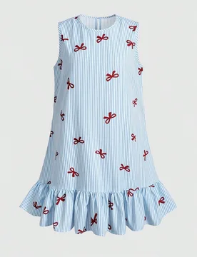Vestido de verano casual con cuello redondo, estampado de lazos en azul y blanco a rayas, y dobladillo con volantes para niñas adolescentes - Shein - FashionsVida