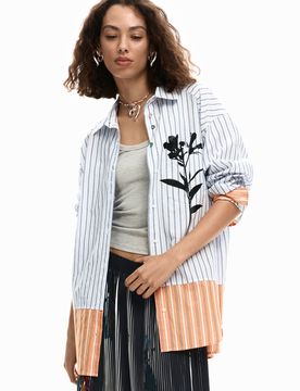 Camisa larga rayas, Mujer, Algodon, Negro, S