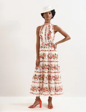 Lyocell Rich Floral Halter Neck Maxi Dress Cream Mix female - Phase Eight - FashionsVida