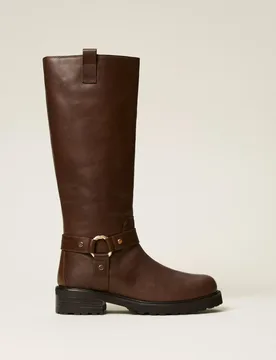 Bottes motardes montantes en cuir avec anneau - TWINSET - FashionsVida