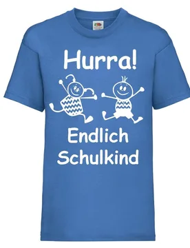 Kinder - Shirt Motiv \Hurra - Endlich Schulkind" royalblau 128" - Reitsport Manski - FashionsVida