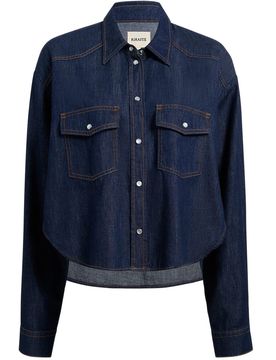 Patch Pocket Button-Down Top with Long Sleeves and Curved Hem