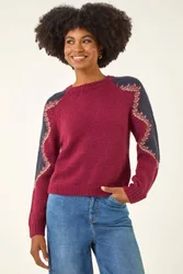 Colour Block Soft Knit Jumper - Burgundy - Size: 14