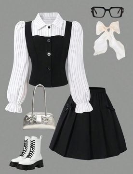 Conjunto de niña preadolescente con blusa de manga abullonada con cuello a cuadros y falda plisada con cintura elástica, estilo académico para prim