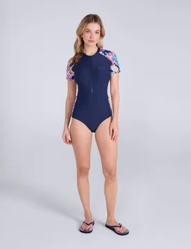 Isla Womens Printed Panel SS Swimsuit - Navy - Navy - Size: 10 - Animal - FashionsVida