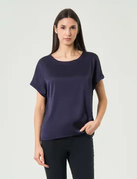 Blusa blu in raso tecnico stretch con maniche ad aletta e scollo stondato - Emme Marella - FashionsVida